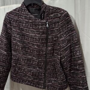 Banana Republic Textured Tweed Moto Jacket Burgundy Pink Black Full Zip Sz 8